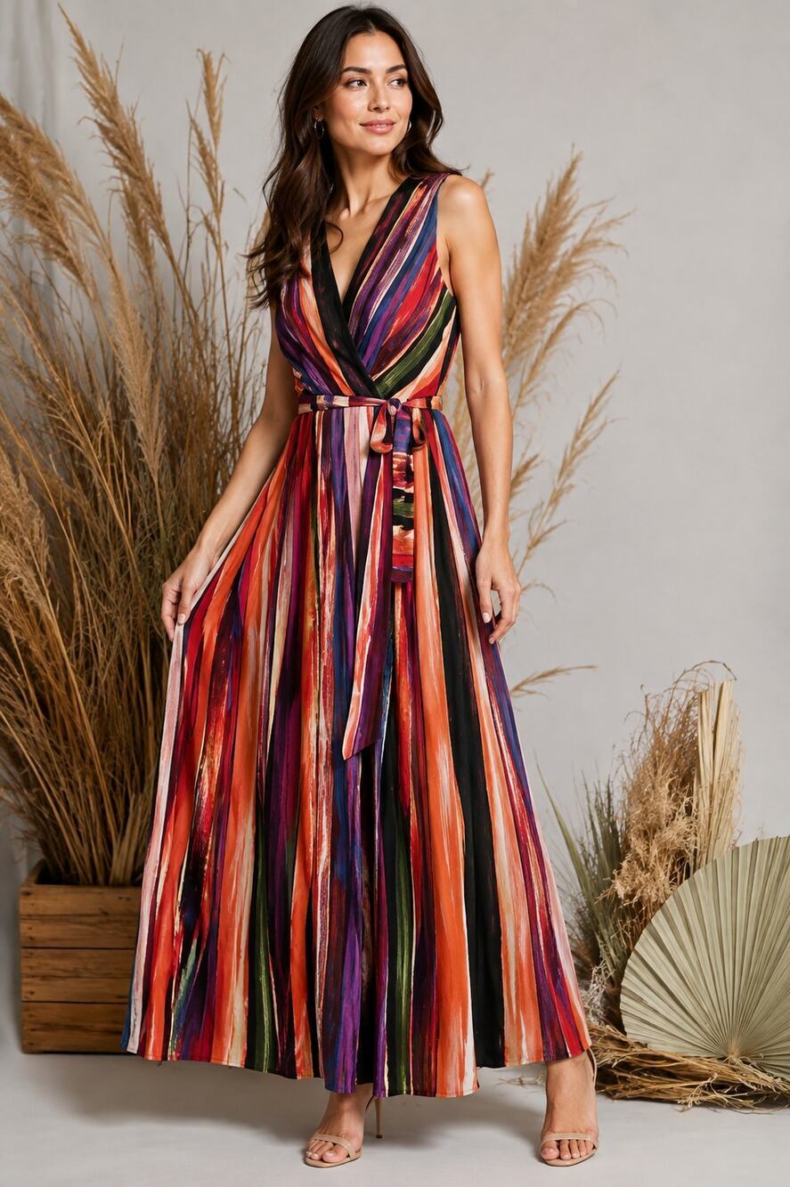 Donna Ricco Maxi Dress Size 12 Multicolor Abstract Stripe Belted V Neck